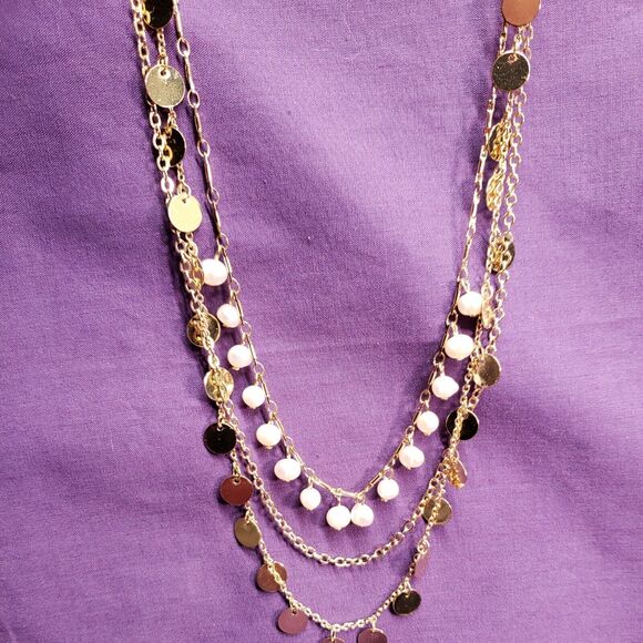 Ann Taylor Factory Signed Three Layer Necklace, Gold Tone w/Mini Baroque Pearls - Picture 5 of 12